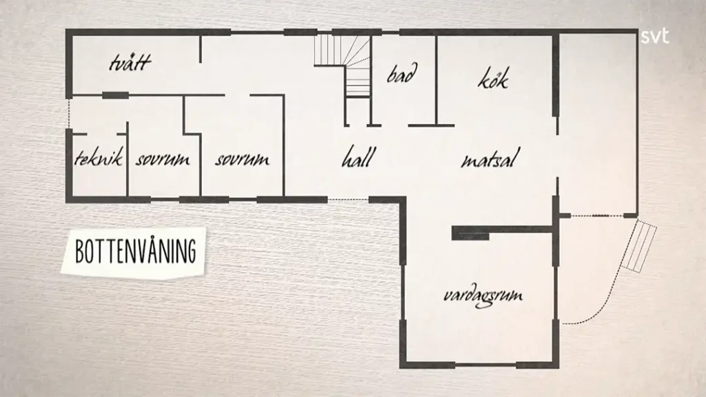 Stiligt - Planritning av ett hus på bottenvåningen märkt på svenska, visar rum för tvätt, tvättstuga, sovrum, badrum, hall, kök, matplats och vardagsrum.