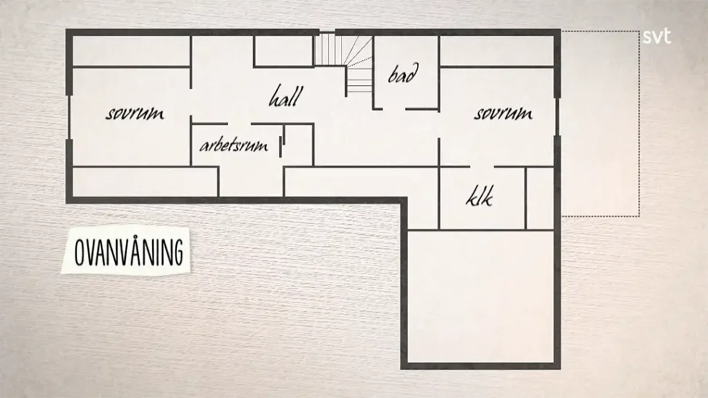 Stiligt - En svartvit planlösning märkt på svenska visar rum inklusive två "sovrum" (sovrum), "hall", "arbetsrum" (studie), "bad" (badrum) och "klk" (garderob).