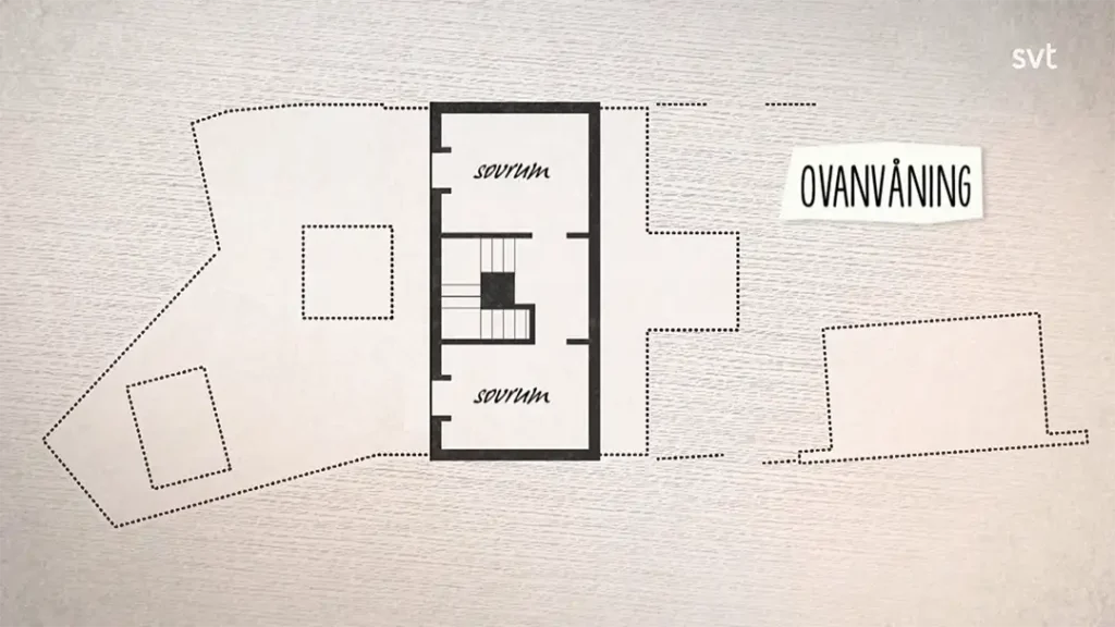 Stiligt - Planritning märkt "OVANVÅNING" som visar trapphus i mitten och rum märkta "SOVRUM" på båda sidor; streckade linjer visar övergripande byggnadsform.