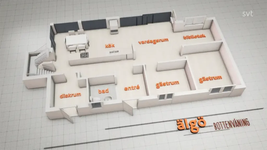 Stiligt - En märkt 3D-plan över ett hus på bottenvåningen som visar rum: kök, matsal, vardagsrum, bibliotek, verktyg, badrum, entré och två gästrum.