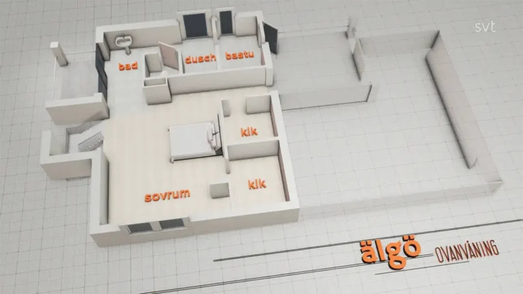 Stiligt - 3D-planlösning som visar ett sovrum (sovrum), två klädkammare (klk), ett badrum (dåligt), dusch (dusch) och bastu (bastu), märkta på svenska.