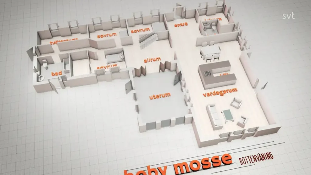 Stiligt - 3D planritning av ett hus märkt på svenska, som visar rum som vardagsrum (vardagsrum), sovrum (sovrum), kök (kök) och bad (badrum).