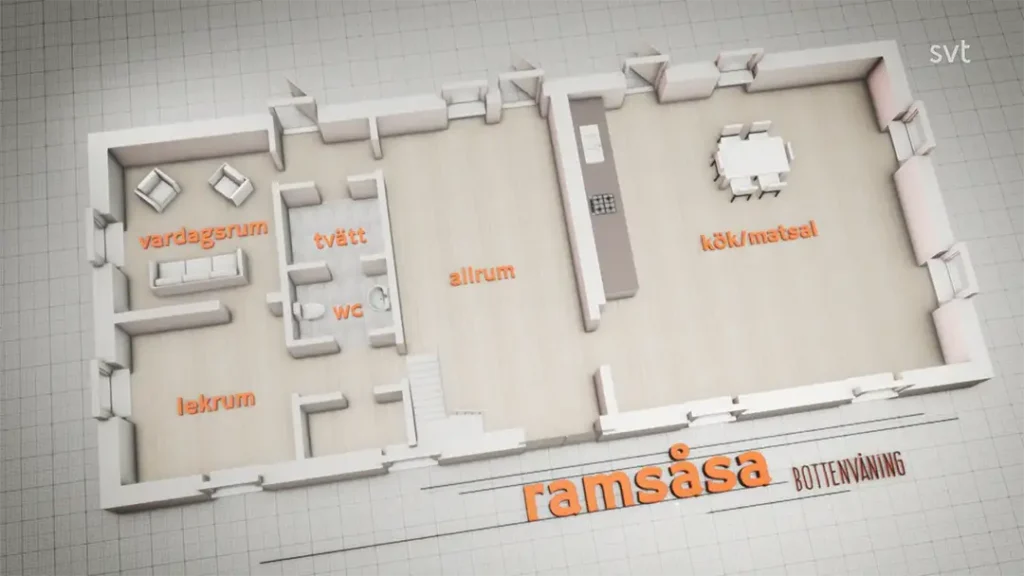 Stiligt - En 3D planritning av ett hus bottenvåning märkt på svenska, som visar vardagsrum (vardagsrum), tvätt (tvätt), wc, lekrum (lekrum), allrum (hall) och kök/matdel (kök/matsal).