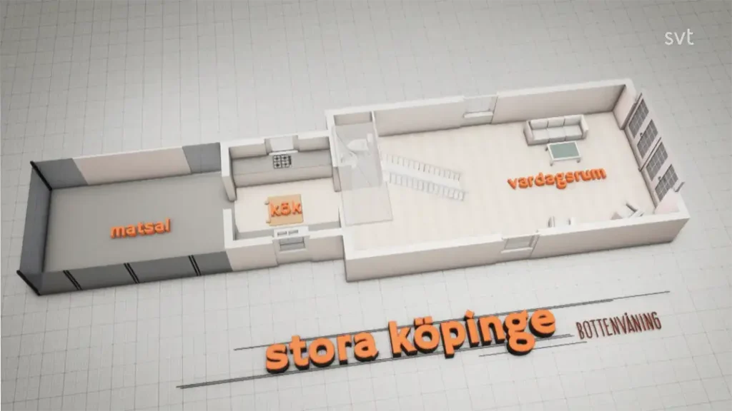 Stiligt - En 3D-planlösning märkt på svenska visar en matsal (matsal), kök (kök) och vardagsrum (vardagsrum) i ett hus, med "stora köping" och "bottenvåning" skrivet längst ner.