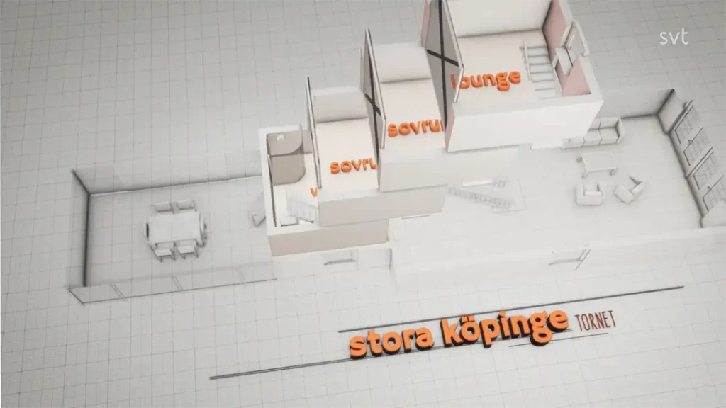 Stiligt - 3D planritningsrendering med märkta rum på svenska, inklusive "våning", "sovrum", "lounge" och "stora köpinge torner.