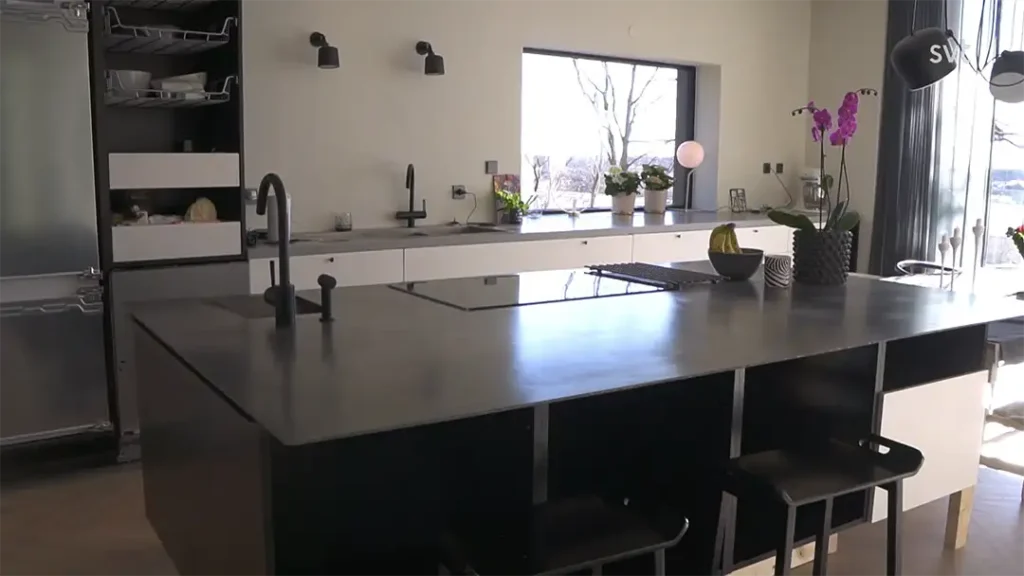 Stiligt - Modernt kök med en stor svart ö, inbyggd spishäll, svart diskho, vita skåp, krukväxter, och ett fönster med utomhusutsikt i bakgrunden.