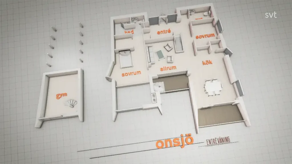 Stiligt - 3D planritning av ett hus märkt på svenska, som visar rum som gym, tre sovrum (sovrum), vardagsrum (allrum), kök (kök), hall (hall), entré (entré) och uteplats.