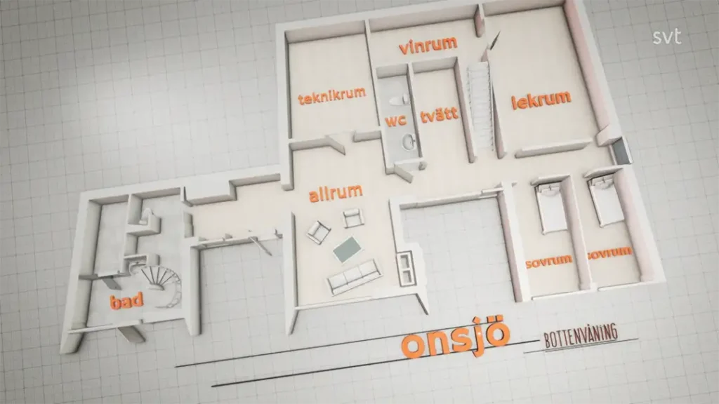 Stiligt - En märkt planritning av ett hus på svenska som visar rum som allrum, teknikum, wc, tvätt, sovrum, lekrum, vinrum och bad.