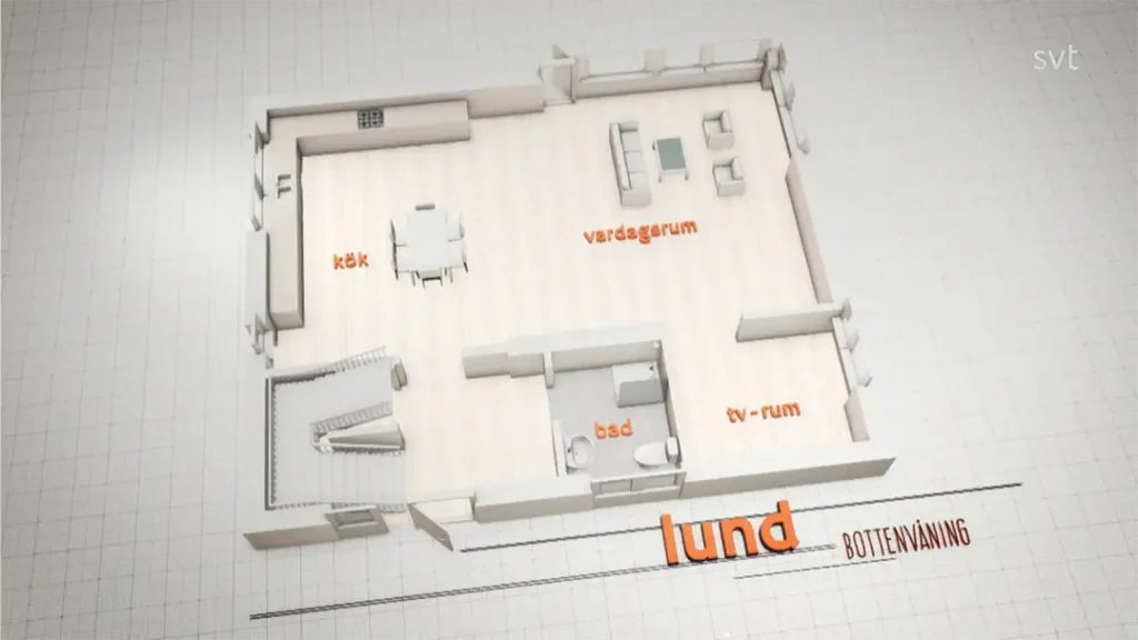 Stiligt - 3D planritning av ett hem märkt på svenska, som visar kök, vardagsrum, TV-rum, badrum och trappa, med "lund" och "bottenvåning" skrivna längst ner.