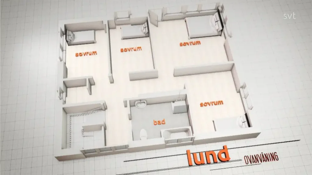 Stiligt - 3D-planlösning som visar fyra märkta sovrum ("sovrum") och ett badrum ("dåligt") i en huslayout, med "lund" skrivet längst ner.