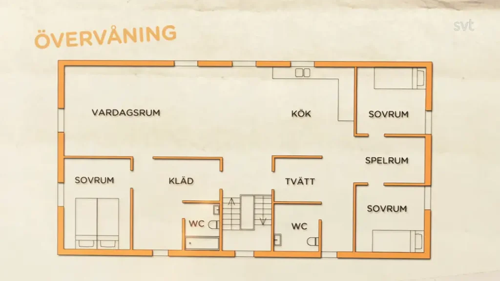 Stiligt - En planlösning på ett hus märkt ”Övervåning” med rum inklusive vardagsrum, kök, sovrum, spelrum, kläd, tvätt och två WC.