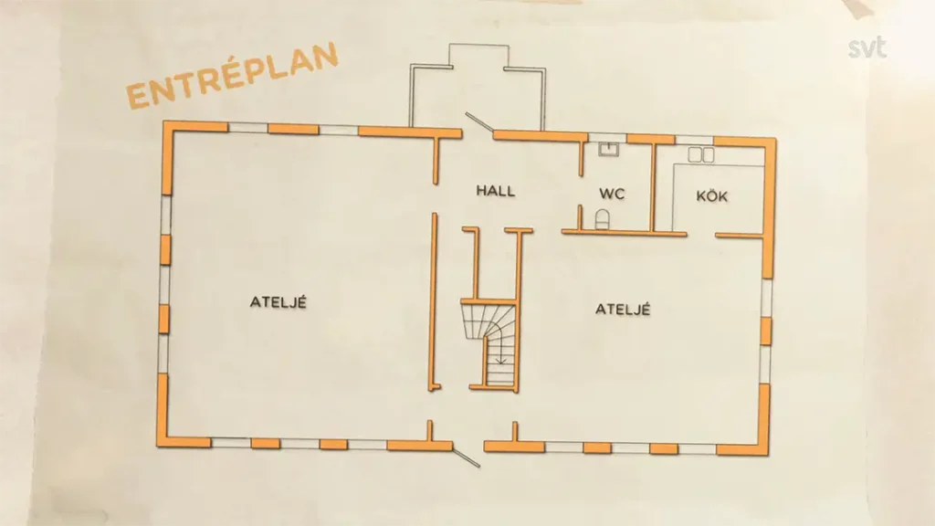 Stiligt - Planritning märkt "Entréplan" visar två ateljéer, hall, trappa, WC och kök, med ytter- och innerväggar markerade i orange.