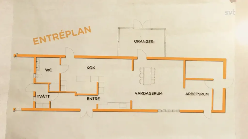 Stiligt - En planlösning märkt "ENTRÉPLAN" visar rum inklusive WC, tvätt, kök, entré, vardagsrum, arbetsrum och orangeri, med dörrar och väggar markerade i orange.