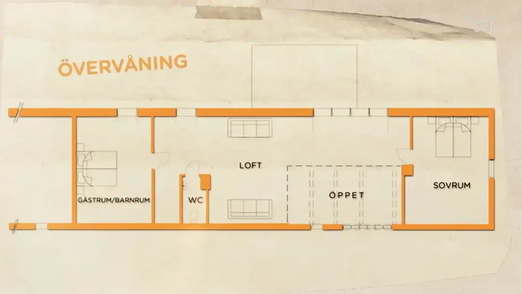 Stiligt - En planlösning märkt "Övervåning" visar ett gästrum/barnrum, WC, loft, öppen yta och sovrum, med rummen markerade i orange.