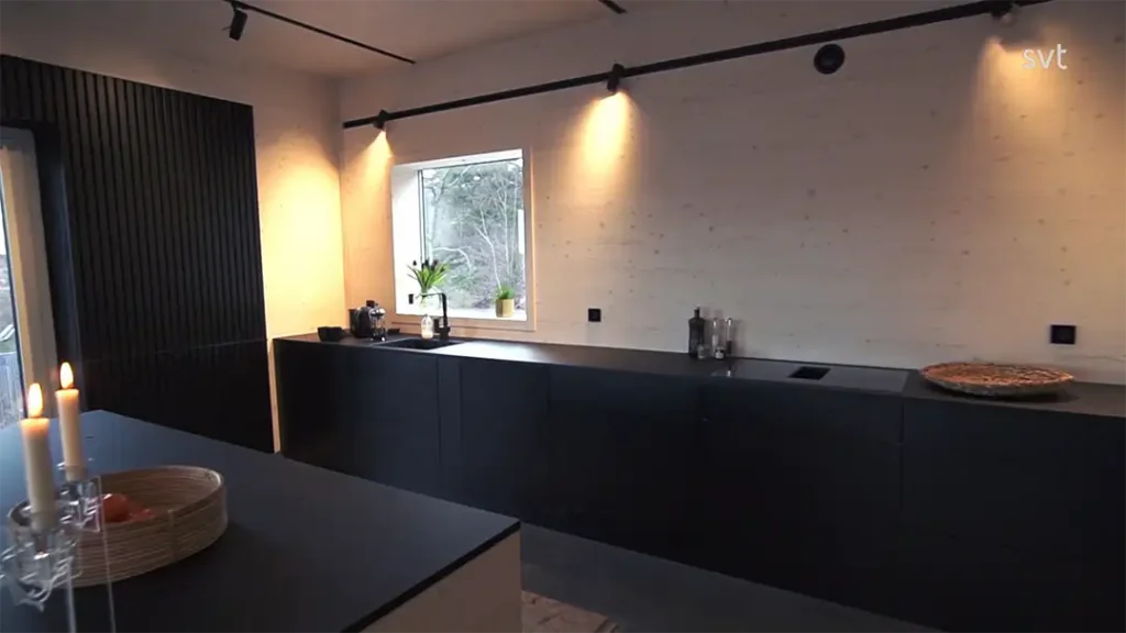 Stiligt - Minimalistiskt kök med svarta skåp, ett fönster med växter, en bänkskiva med diverse föremål och en pizza längst till höger. Varm belysning lyser upp utrymmet.