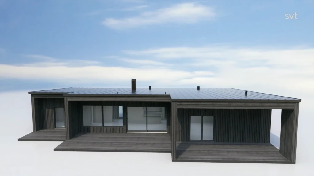 Stiligt - Ett modernt enplanshus med sidospår i mörkt trä, stora fönster och ett platt tak, mot bakgrund av blå himmel.