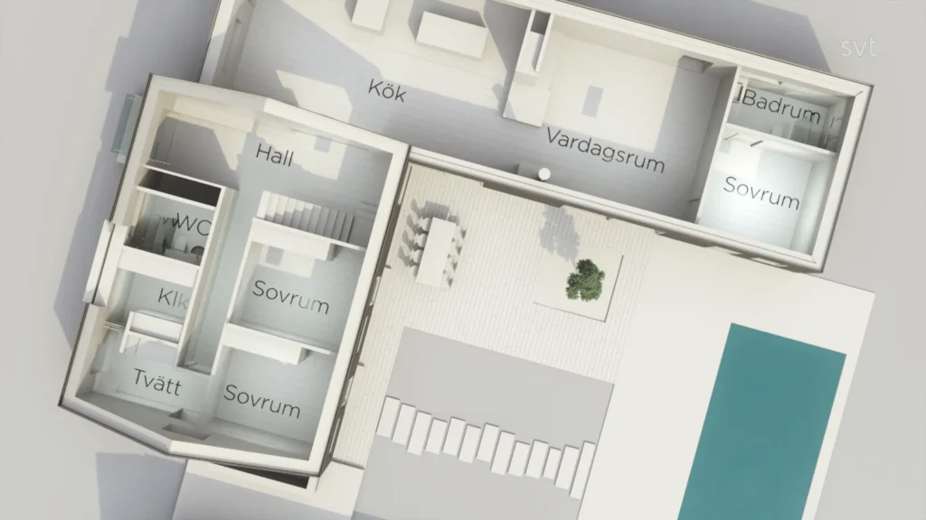Stiligt - En top-down vy av en modern lägenhets planlösning märkt på svenska, som visar rum inklusive kök, vardagsrum, sovrum, badrum och ett poolområde.