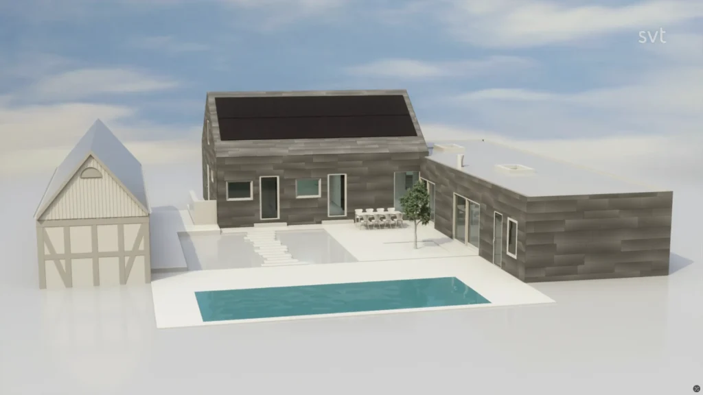 Stiligt - Ett modernt hus med sadeltak, en tillbyggnad med platt tak, en uteservering, en pool, ett fristående garage och ett enda träd, mot en molnig himmel.