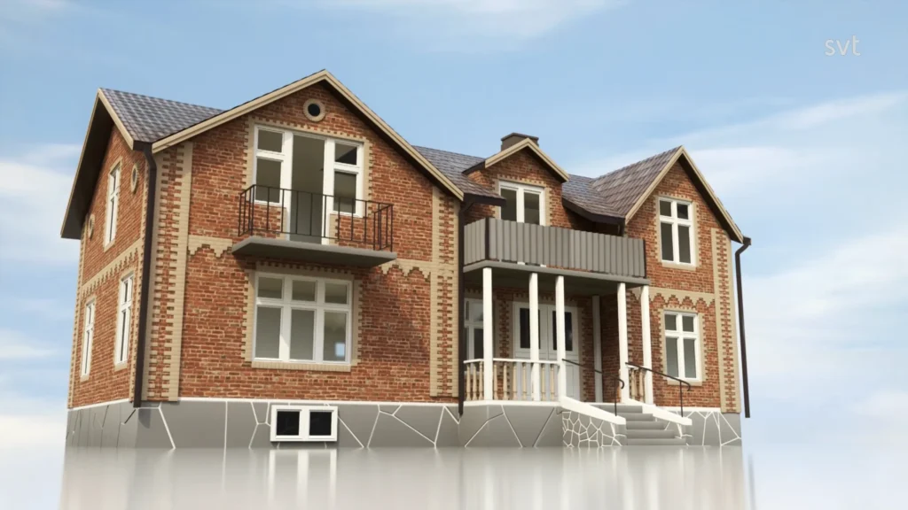 Stiligt - Ett tvåvåningshus i tegel med flera gavlar, balkonger och en täckt veranda mot en delvis molnig himmel.