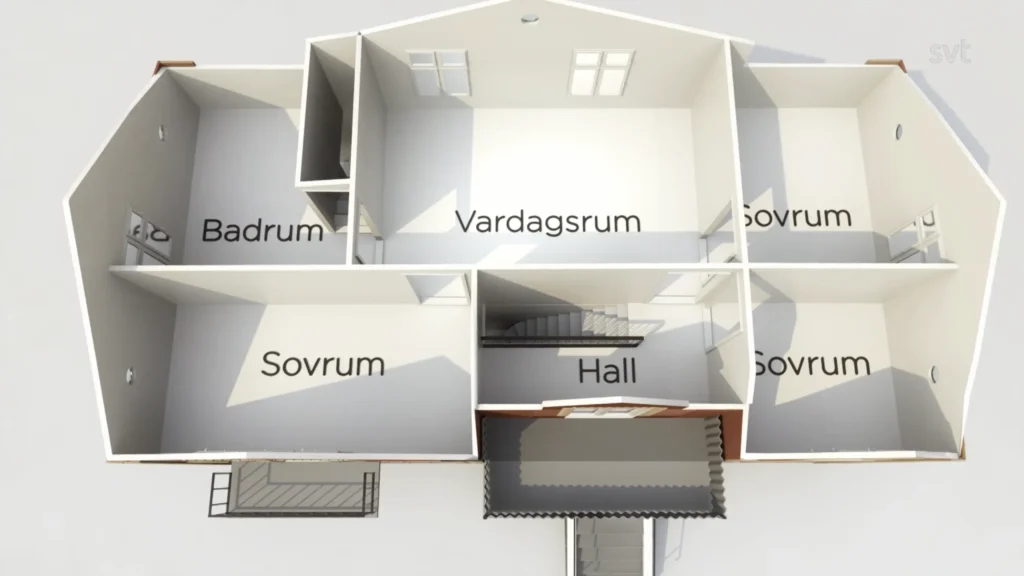Stiligt - Rensat planritning av ett hus övervåning med märkta rum: tre sovrum (Sovrum), ett vardagsrum (Vardagsrum), ett badrum (Badrum) och en hall (hall).