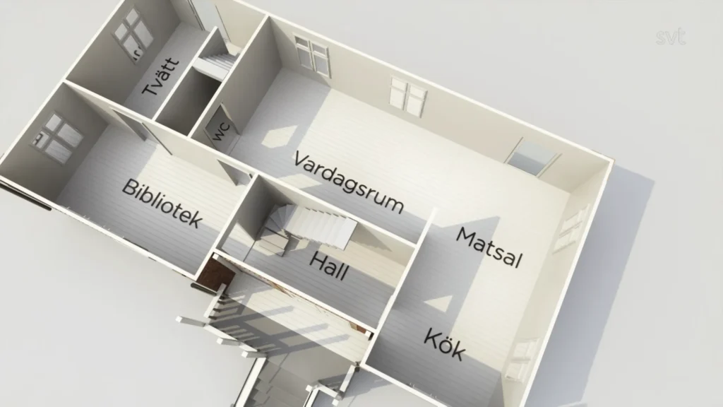 Stiligt - 3D planlösning av ett hus med märkta rum på svenska: Tvätt (tvätt), WC (toalett), Bibliotek (bibliotek), Vardagsrum (vardagsrum), Hall, Matsal (matsal) och Kök (kök).