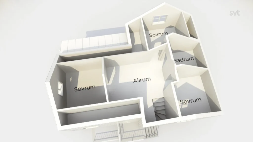 Stiligt - 3D planritning av ett hus som visar märkta rum: två "Sovrum" (sovrum), ett "Allrum" (vardagsrum) och ett "Badrum" (badrum).