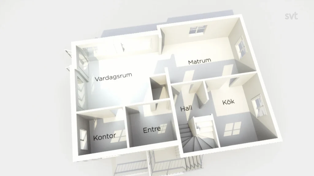 Stiligt - En 3D planritning av ett hus märkt på svenska, som visar Vardagsrum (vardagsrum), Matrum (matsal), Kök (kök), Hall, Entré (entré) och Kontor (kontor).