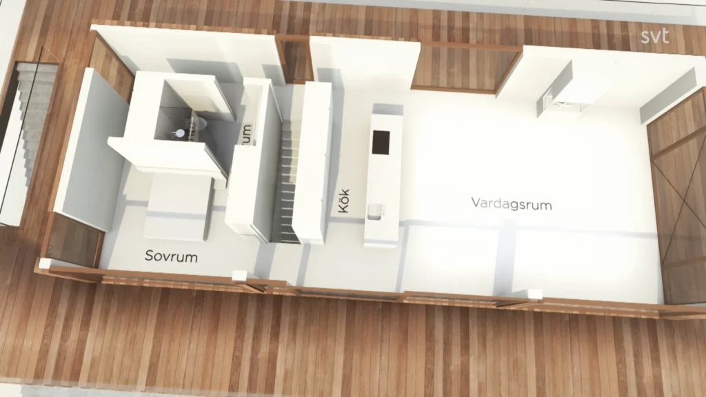Stiligt - En digital planlösning visar märkta rum: Sovrum (sovrum), Kök (kök), Vardagsrum (vardagsrum) och ett badrum, med genomgående trägolv.