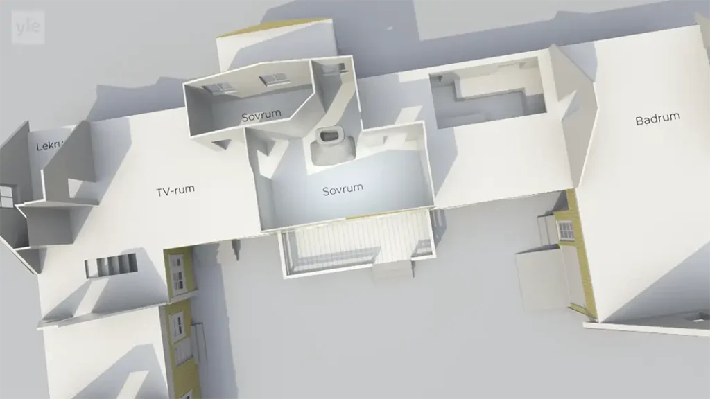 Stiligt - En 3D-planlösning av ett hus med märkta rum på svenska, inklusive TV-rum, Sovrum, Badrum och Lekrum.