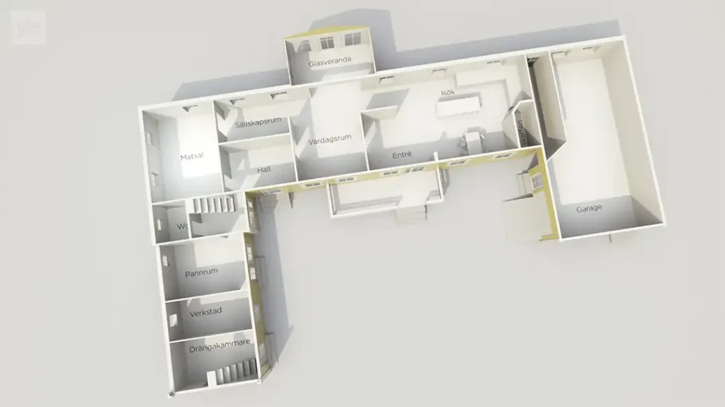 Stiligt - 3D planritning av en byggnad som visar märkta rum inklusive garage, entré, hall, kök, glasrum, olika andra rum och trappor.