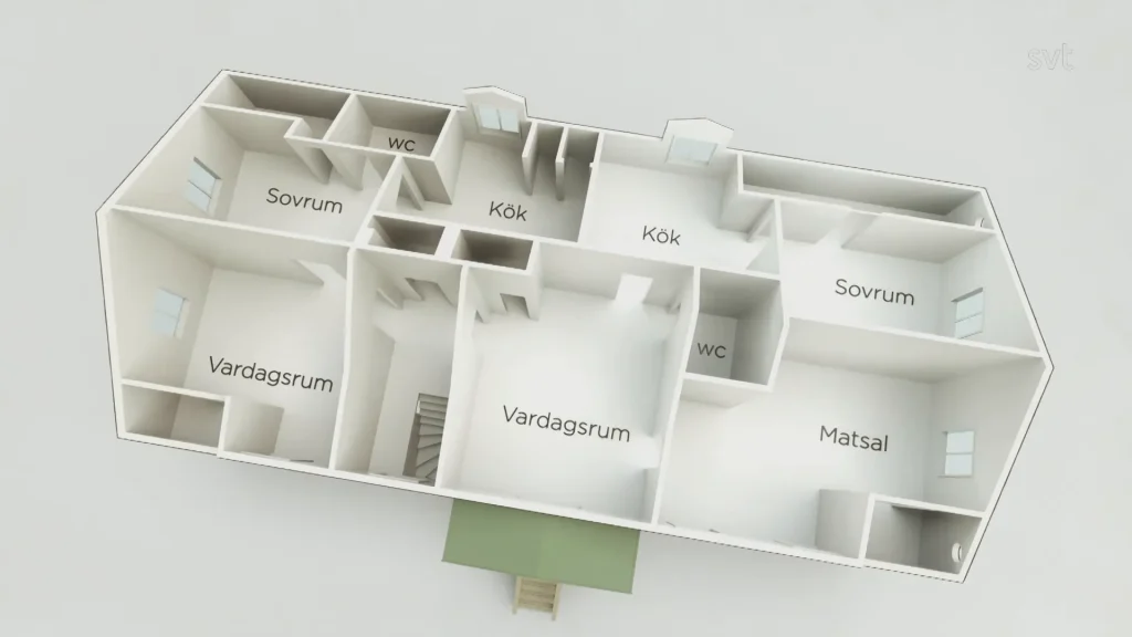 Stiligt - 3D planritning av ett hus märkt på svenska, som visar rum inklusive två vardagsrum (vardagsrum), två sovrum (sovrum), matsal (matsal), två kök (två kök) och två wc (toaletter).
