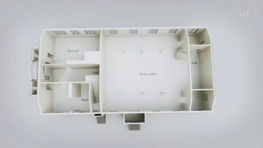 Stiligt - 3D planritning av en byggnad som visar märkta rum: Sovrum (sovrum), Hall, Badr (badrum), Stora salen (stora hall) och Kök (kök).