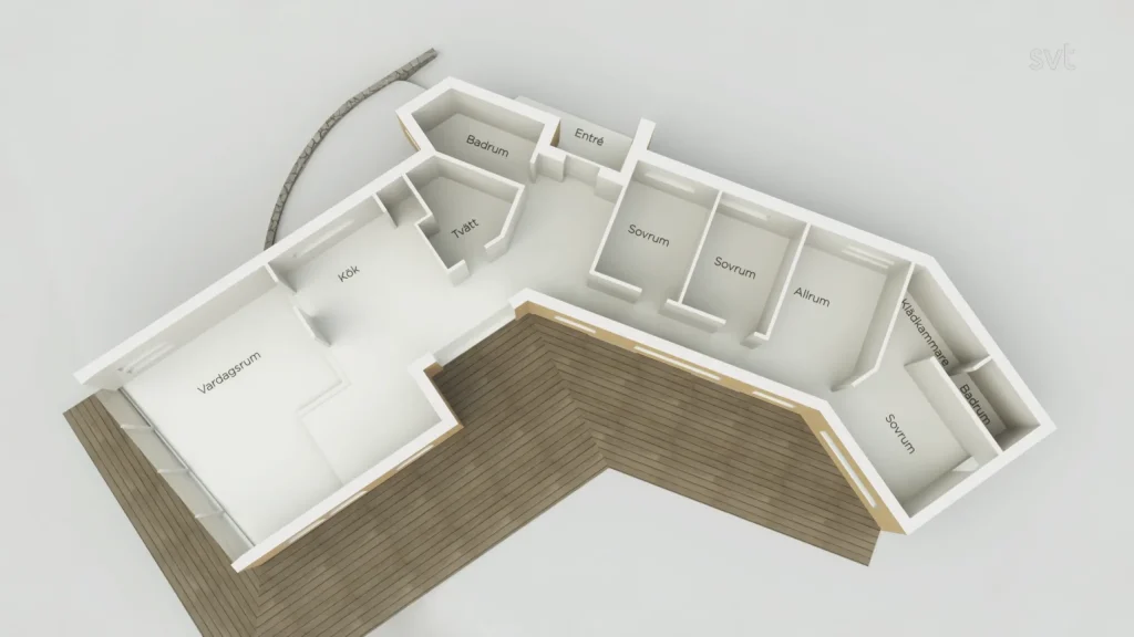 Stiligt - 3D planlösning av ett hus med märkta rum på svenska, inklusive vardagsrum (vardagsrum), kök (kök), sovrum (sovrum) och ett stort omgivande altan.