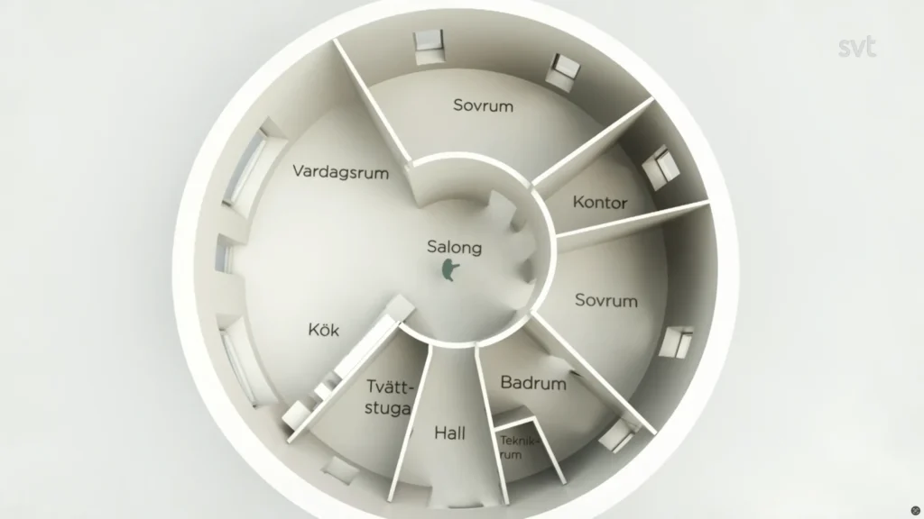 Stiligt - En cirkulär planlösning med märkta rum på svenska, inklusive vardagsrum, kök, tvättstuga, hall, salong, sovrum, badrum, kontor och teknikum.