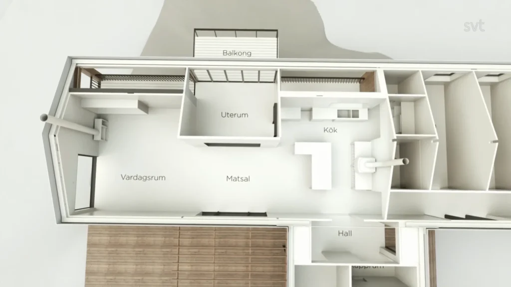 Stiligt - En planritning i 3D av ett hem som visar märkta rum: Vardagsrum, Matsal, Uterum, Kök, Hall och ett balkongområde märkt Balkong.