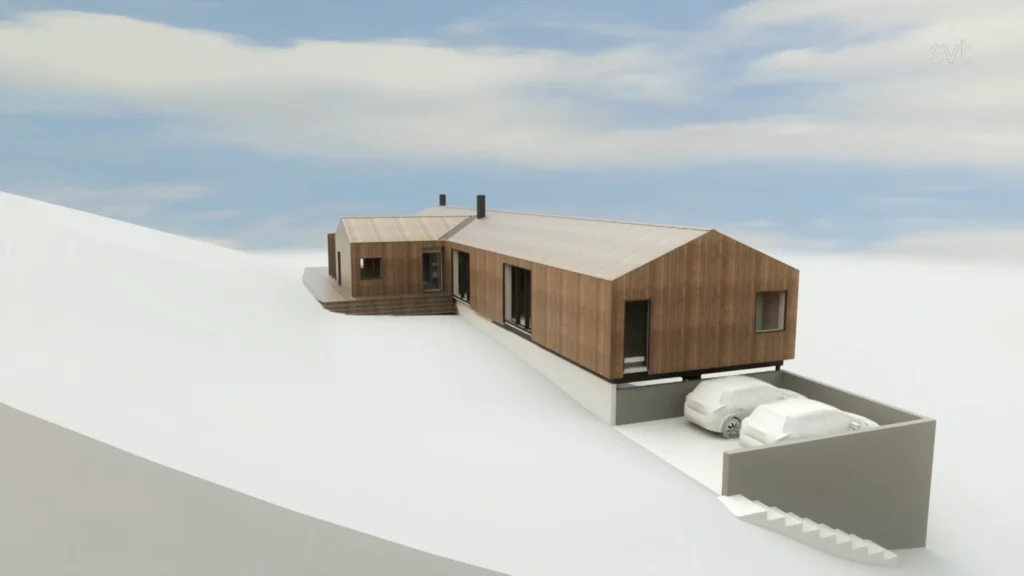 Stiligt - Ett modernt trähus med stora fönster är byggt på en sluttning, med en förhöjd uppfart och två bilar parkerade under huvudbyggnaden.