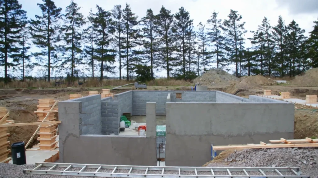 Stiligt - Delvis byggd betongfundament till en byggnad på en byggarbetsplats, omgiven av smutshögar, med träd i bakgrunden.