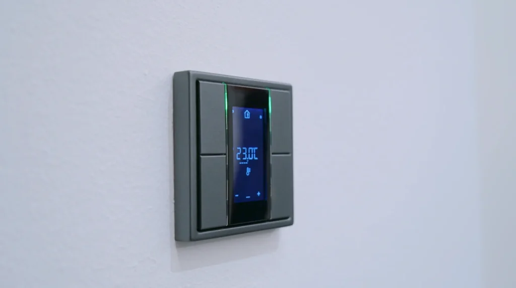 Stiligt - En digital väggmonterad termostat visar en temperatur på 23,0°C, inställd mot en vanlig vit vägg.