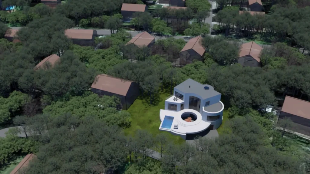 Stiligt - Flygfoto över ett modernt cirkulärt vitt hus med en pool, omgiven av täta träd och flera traditionella hus med bruna tak.