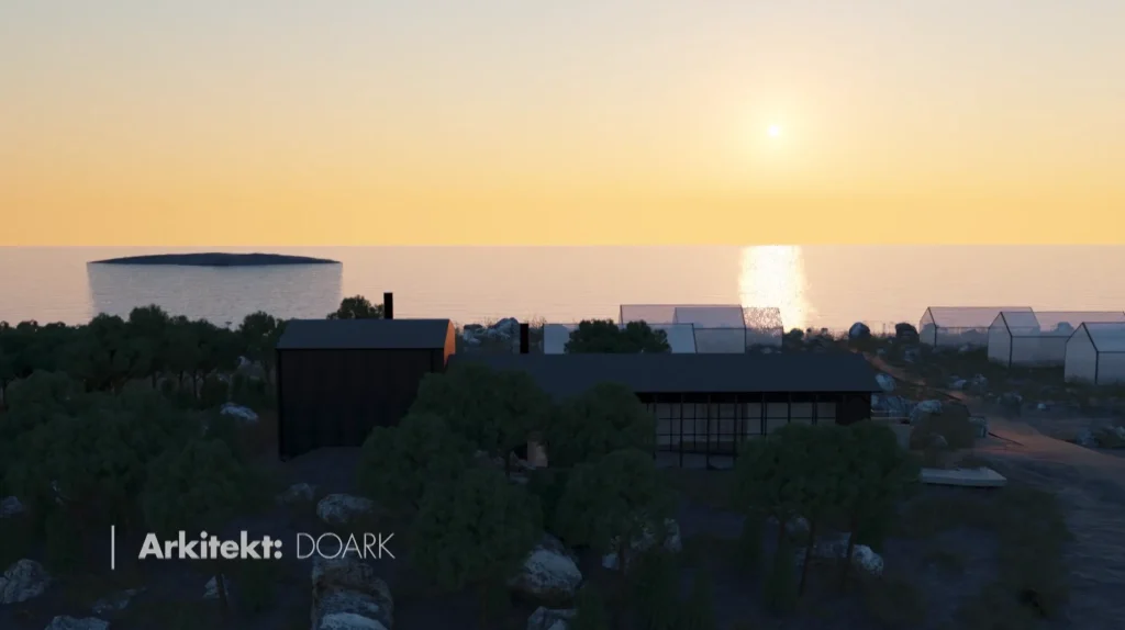 Stiligt - Moderna byggnader omgivna av träd nära en stenig strandlinje vid solnedgången, med solen som reflekterar på lugnt havsvatten. Texten i hörnet lyder "Arkitekt: DOARK.