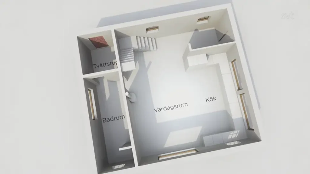 Stiligt - 3D-plan över ett litet hus med märkta rum: Tvättstuga (tvättstuga), Badrum (badrum), Vardagsrum (vardagsrum) och Kök (kök). Trappa synlig nära entrén.
