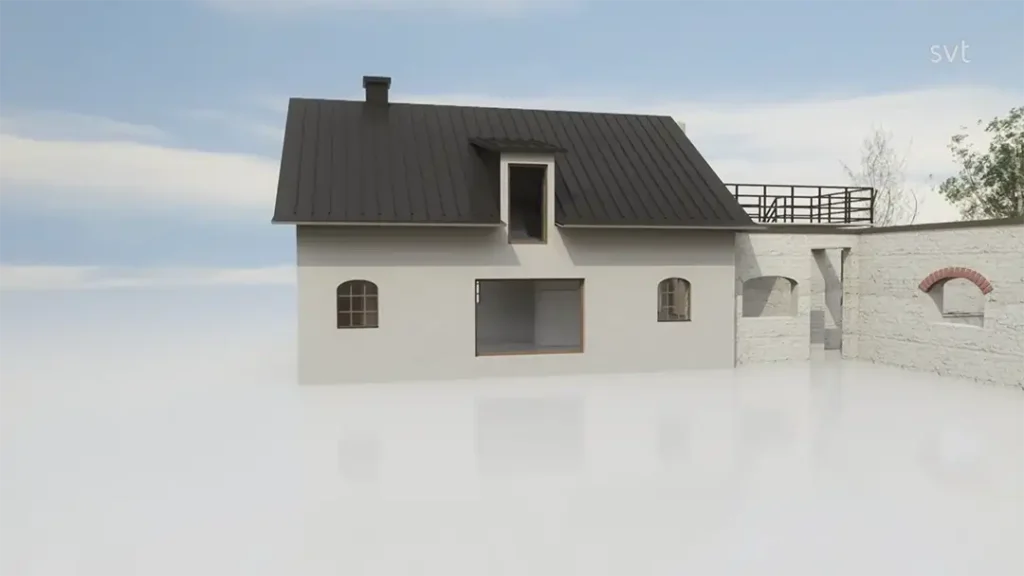 Stiligt - Ett tvåvåningshus med svart tak och välvda fönster är omgivet av vit dimma, i anslutning till en stenmur med valv.