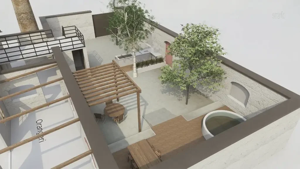 Stiligt - En innergård på taket har sittplatser, träpergolor, träd, en liten rund pool och ljusa stenväggar.