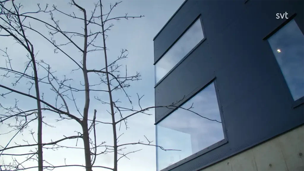 Stiligt - Ett bladlöst träd står bredvid en modern byggnad med stora fönster under en molnig himmel; "svt" syns i det övre högra hörnet.