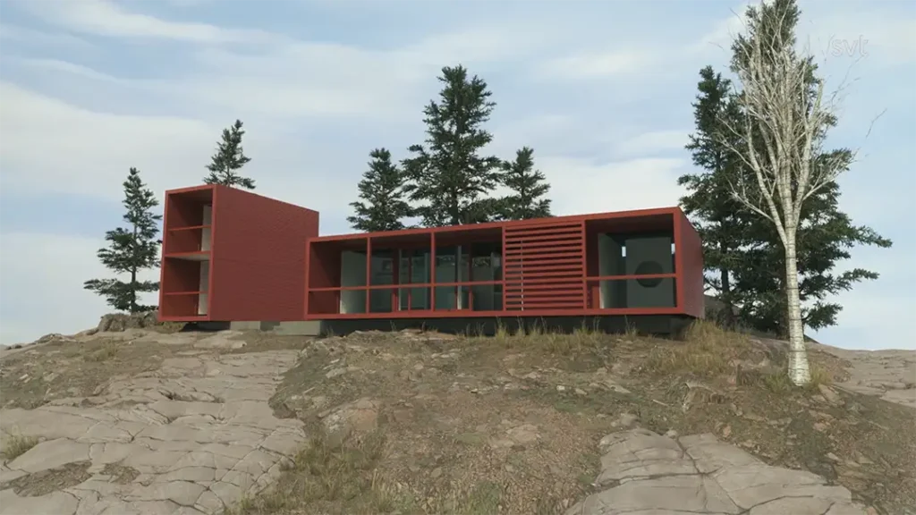 Stiligt - Ett modernt, rektangulärt rött hus ligger i stenig terräng omgiven av träd, med stora fönster och öppna partier synliga.