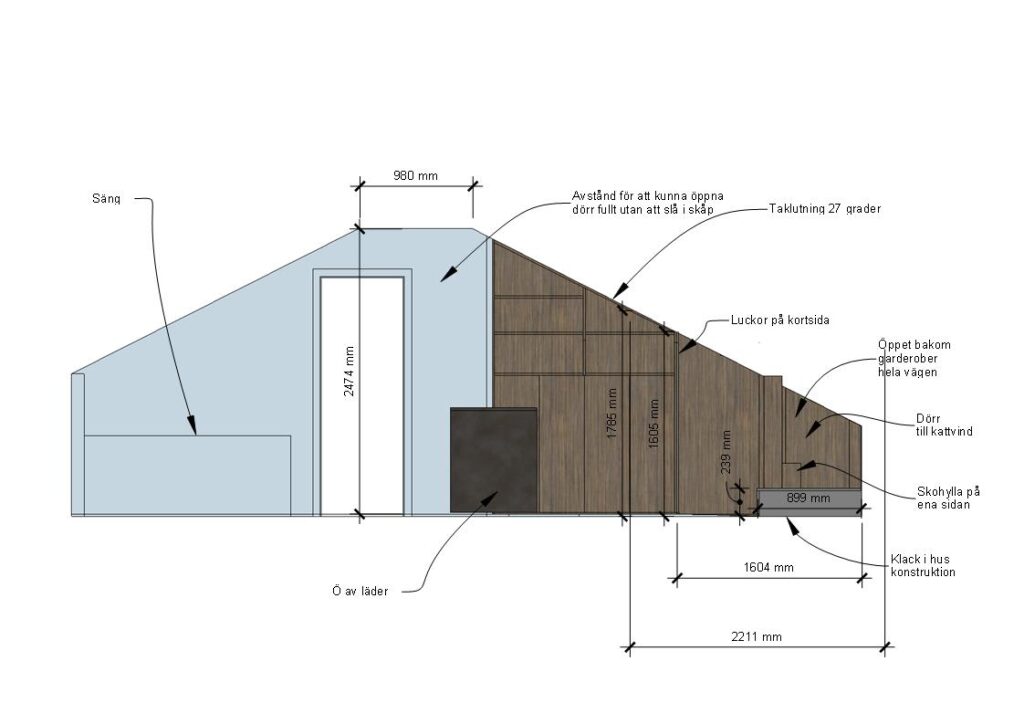 Stiligt - Teknisk ritning av en specialbyggd förvaringsenhet med märkta mått, fack och svenska anteckningar som beskriver strukturella egenskaper och åtkomstpunkter.