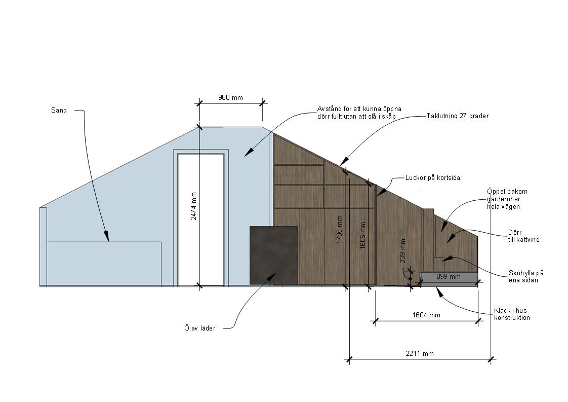 Stiligt - Teknisk ritning av en specialbyggd förvaringsenhet med märkta mått, fack och svenska anteckningar som beskriver strukturella egenskaper och åtkomstpunkter.