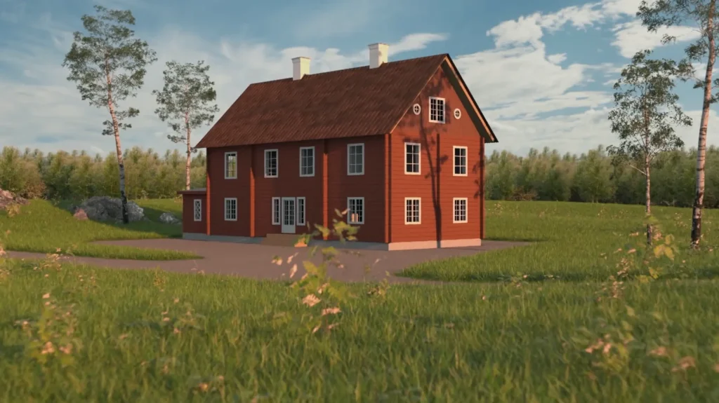 Stiligt - Ett rött tvåvåningshus med vita detaljer sitter mitt på ett gräsbevuxet fält under en delvis molnig himmel. Träd och buskar syns i bakgrunden.
