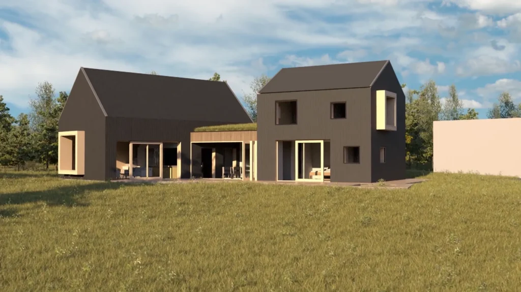 Stiligt - Modernt tvåvåningshus med mörk exteriör, stora fönster och en sektion med platt tak, belägen på en gräsbevuxen gräsmatta under en delvis molnig himmel.
