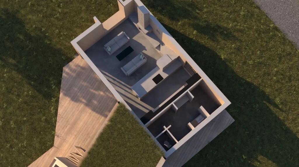 Stiligt - Ovanifrån av ett litet modernt hus med vardagsrum, badrum och sovrum, omgivet av gräs och ett trädäck utanför.